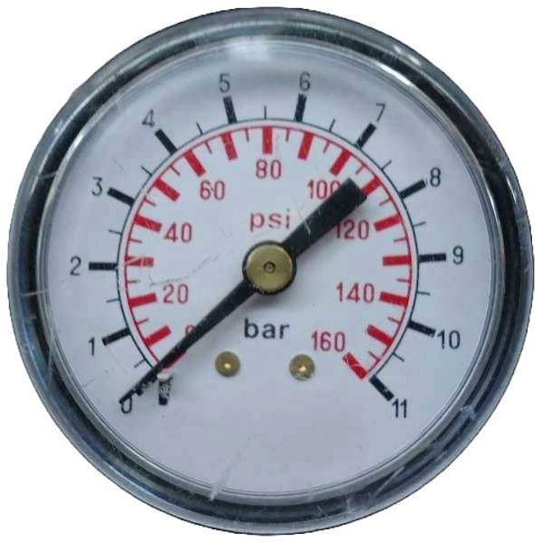 saída por trás, conexão rosca 1/4, mostrador 50mm, escala dupla, pressão de 11bar ou 160psi