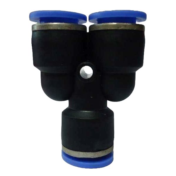 conexões para tubo 12mm, pressão de trabalho máxima 10bar, temperatura de trabalho máxima 60oC, meio de operação ar comprimido, anel de desengate azul