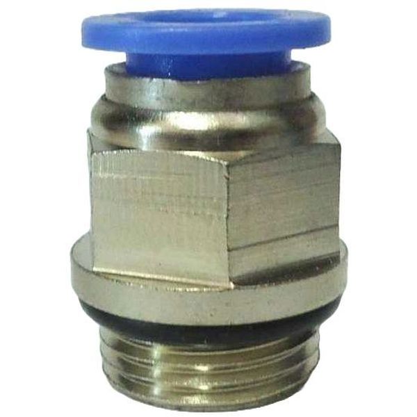 conexão rosca 3/8, diâmetro do tubo 10mm, pressão de trabalho máxima 10bar, temperatura de trabalho máxima 60oC, meio de operação ar comprimido, anel de desengate azul