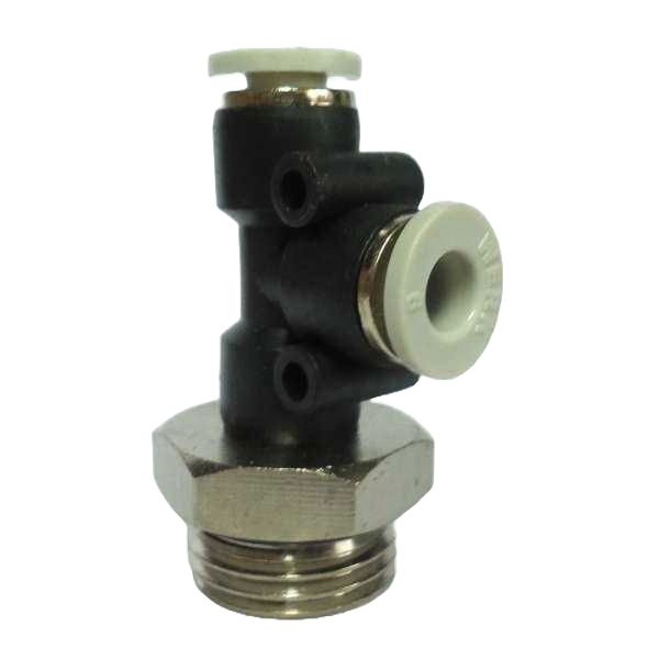 1 conexão rosca 3/8, 2 conexões para tubo diâmetro 6mm, fluido ar comprimido, anel de desengate branco