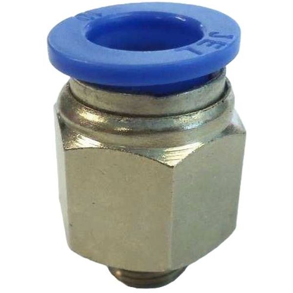 conexão rosca 1/8, diâmetro do tubo 10mm, pressão de trabalho máxima 10bar, temperatura de trabalho máxima 60oC, meio de operação ar comprimido, anel de desengate azul