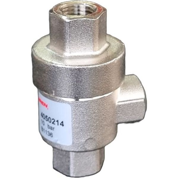 conexão rosca G1/4, orifício 6mm, pressão de operação 0,5-10 bar, fluxo 1 >> 2 850 l/min, fluxo 2 >> 3 2160 l/min, meio ar comprimido, material do corpo latão niquelado