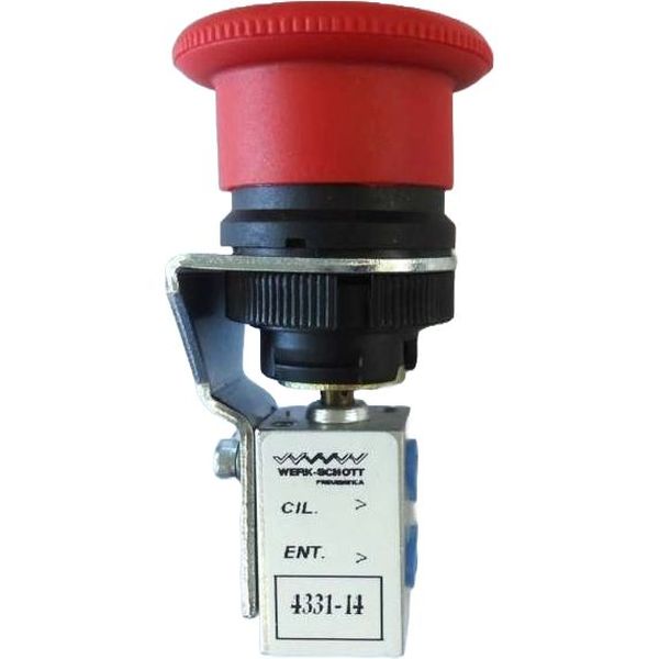 conexão rosca M5, 3 vias, 2 posições, atuador botão cogumelo trava vermelho (outras cores disponíveis), fluido ar comprimido, corpo alumínio, vedações Buna-N, ideal para montagem de painéis