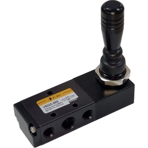 5/3 vias, conexão 1/4, acionamento manual, retorno mola, centro fechado, lubrificação não é necessária, pressão de trabalho  0~0.8MPa, temperatura de trabalho -5...60oC, vedações NBR 