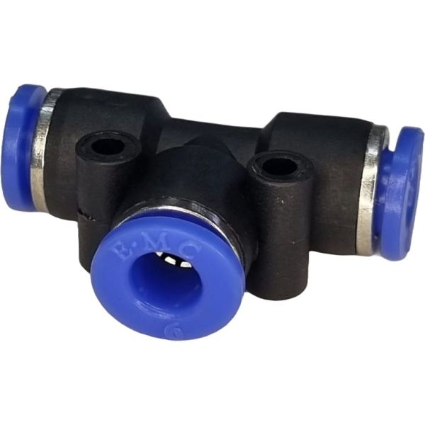 diâmetro 6mm, pressão de 10bar, temperatura de 0°C a +60°C, anel de desengate azul, meio de operação ar comprimido