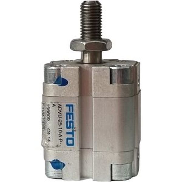 cilindro compacto, diâmetro 25mm, curso 10mm, rosca externa, anéis/placas de amortecimento elástico nas posições finais de curso, detecção de posição