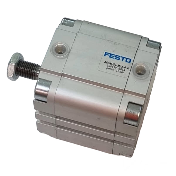cilindro compacto, diâmetro 50mm, curso 25mm, rosca externa, anéis/placas de amortecimento elástico nas posições finais de curso, detecção de posição