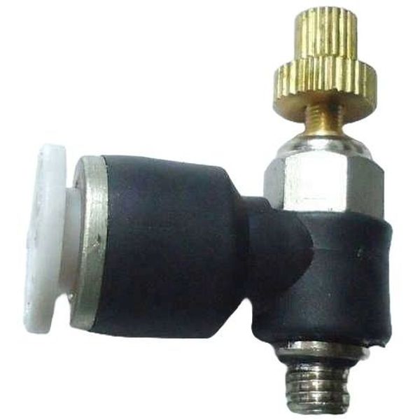 tipo cotovelo, conexão rosca M5, diâmetro do tubo 6mm, acionamento manual, meio de operação ar comprimido, anel de desengate branco