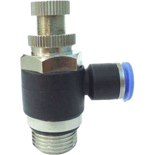 conexão rosca 3/8, diâmetro do tubo 6mm, meio de operação ar comprimido, anel de desengate azul