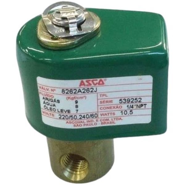 conexão rosca 1/4NPT, orifício 3,2mm, 2/2 vias normalmente aberta, tensão 240V/60Hz, potência 10,5W, fluidos  ar / gás inerte / água / óleo, corpo de latão