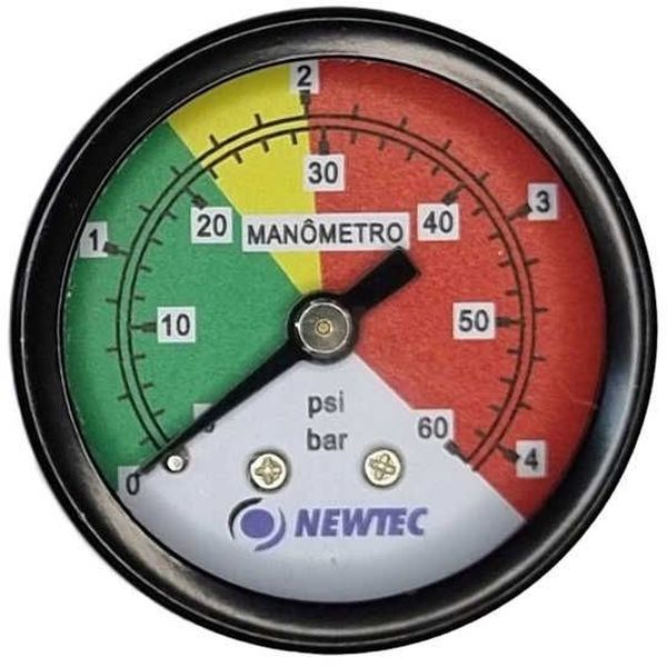 saída por trás, conexão rosca 1/8NPT, mostrador com 3 faixas de cores, diâmetro 40mm, amortecedor de choques e picos de pressão incorporado, fluido óleo