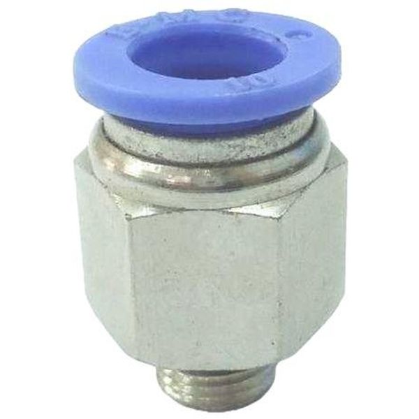 conexão rosca 1/8, diâmetro do tubo 10mm, meio de operação ar comprimido, anel de desengate azul, corpo metálico