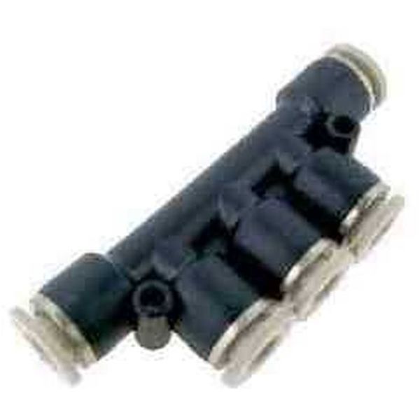 3 conexões para tubo 6mm, para tubos poliuretano ou Nylon, uma conexão roscada 1/4, pressão de trabalho 10bar, temperatura de trabalho 0-60oC, materiais latão niquelado e polímero de engenharia, fluido ar / vácuo / água 