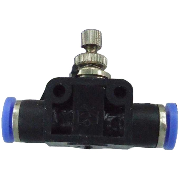 conexões para tubos de diâmetro 4mm, meio de operação ar comprimido, anel de desengate azul, acionamento manual, controle do fluxo de ar comprimido