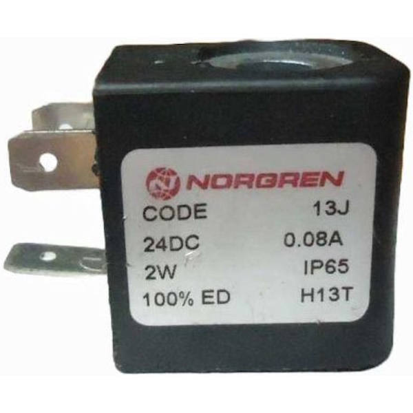 voltagem 24DVDC, corrente elétrica 0.08A, potência 2W, isolamento IP65, 100%ED, ligação elétrica com 3 pinos
