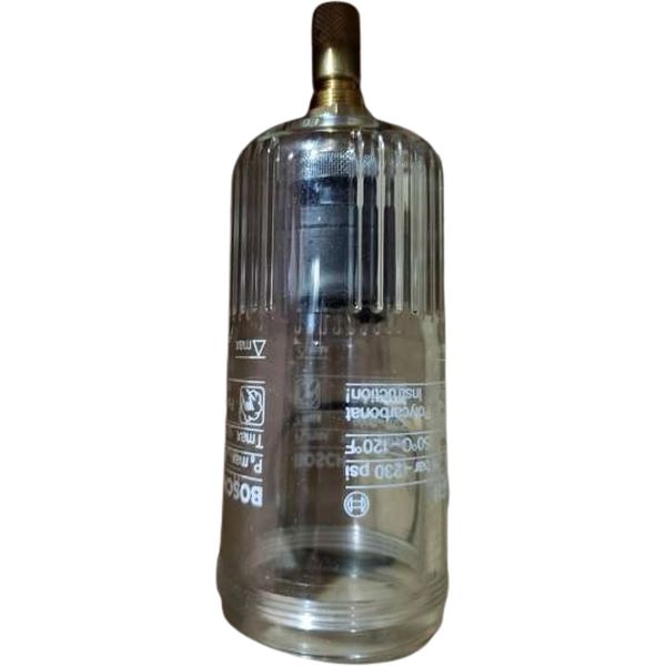 recipiente de plástico transparente, roscado, com baioneta, estriado para facilitar a manipulação, com indicador do nível de água, purga de condensado totalmente automática
