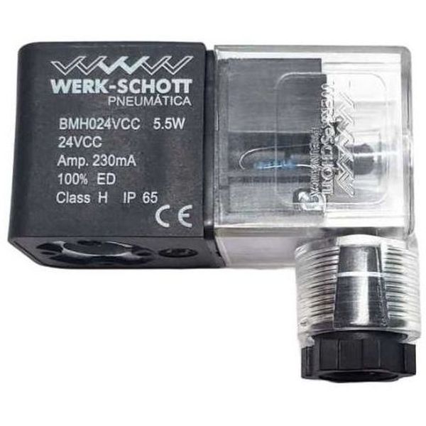 bobina mini, diâmetro do furo 8mm, altura 29,5mm, tensão 24VCC, potência 5.5W, IP65. Para as válvulas Mini 1/8, Série 5000, Série N5000, Série N18000, Série N19000, Série 20000, Série N7000, Série N8000 e N9000