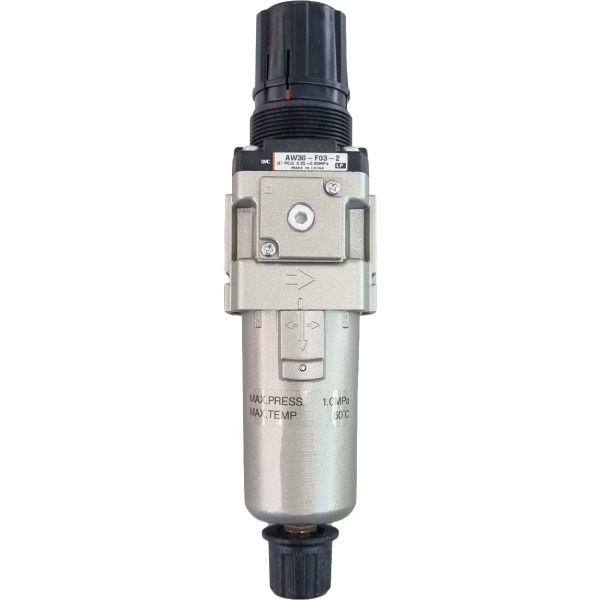 tamanho do corpo 30, conexão rosca 3/8, vazão 1300 Nl/min, pressão de trabalho 0,5-8,5bar, dreno manual, grau de filtragem 5 microns, sistema modular, regulador de pressão com travamento mecânico
