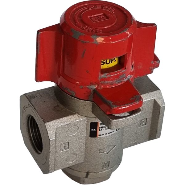 3 pórticos, simples ação, fluido ar comprimido, intervalo de pressão 0,1 a 1,0MPa, manopla vermelha, conexão rosca G3/8