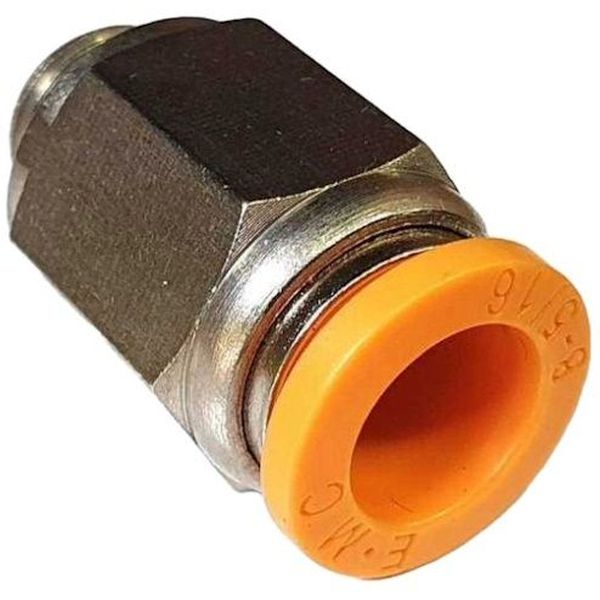 conexão rosca 1/8, diâmetro do tubo 8mm, meio de operação ar comprimido, anel de desengate laranja, corpo metálico
