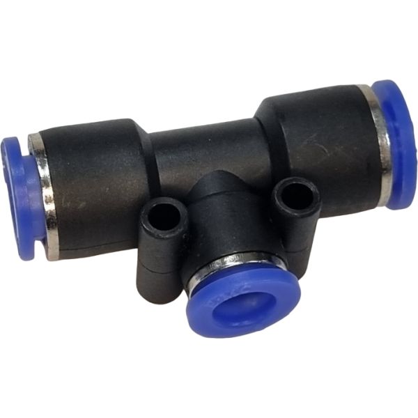 2 conexões diâmetro 10mm, 1 conexão diâmetro 8mm, pressão de 10bar, temperatura de 0°C a +60°C, anel de desengate azul, meio de operação ar comprimido