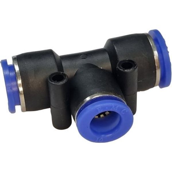 2 conexões diâmetro 12mm, 1 conexão diâmetro 10mm, pressão de 10bar, temperatura de 0°C a +60°C, anel de desengate azul, meio de operação ar comprimido