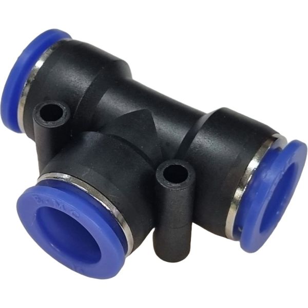 1 conexão diâmetro 16mm, 1 conexão diâmetro 4mm, pressão de 10bar, temperatura de 0°C a +60°C, anel de desengate azul, meio de operação ar comprimido